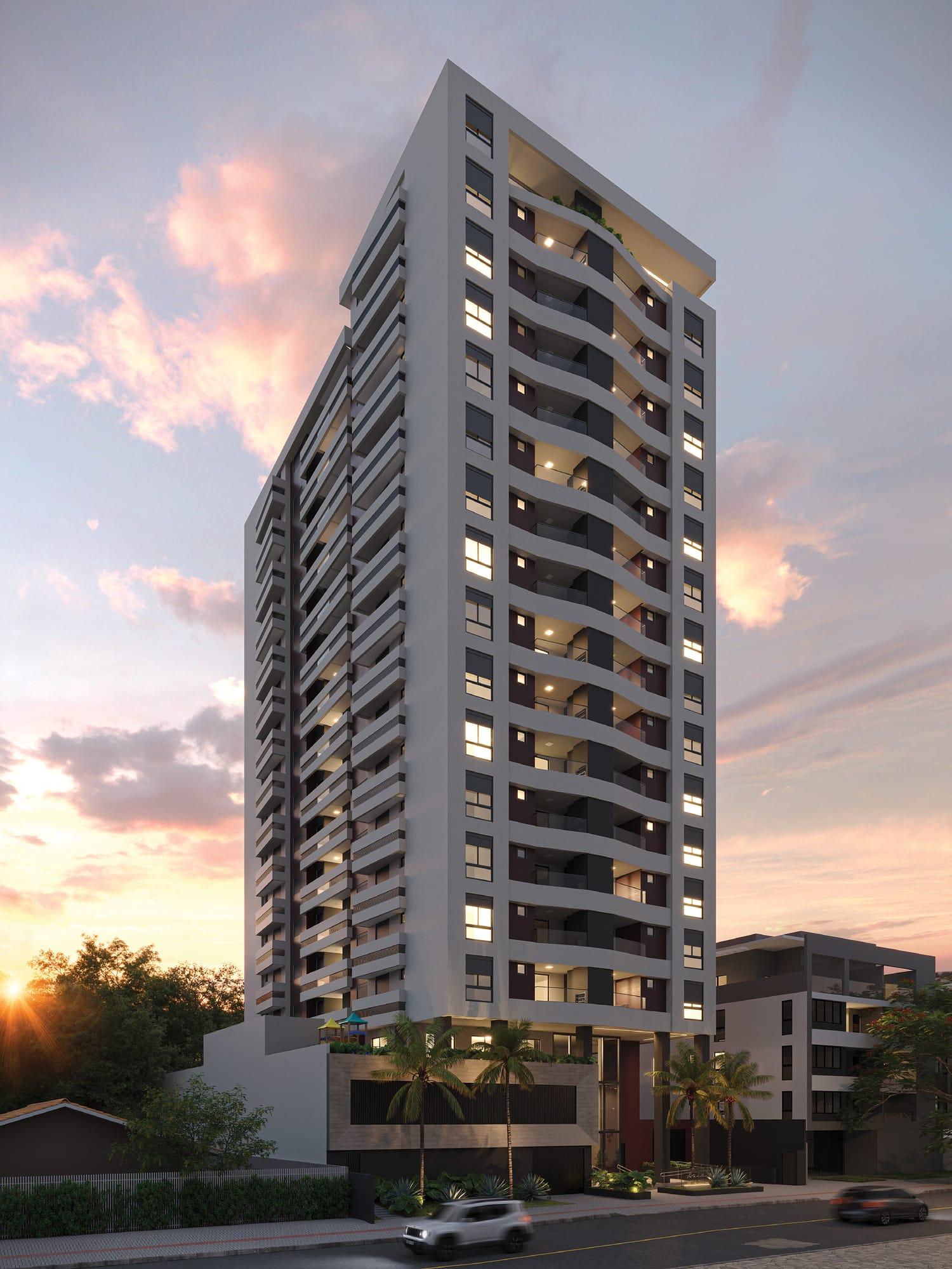 Imagem ilustrativa da fachada do Ária Residencial ao entardecer