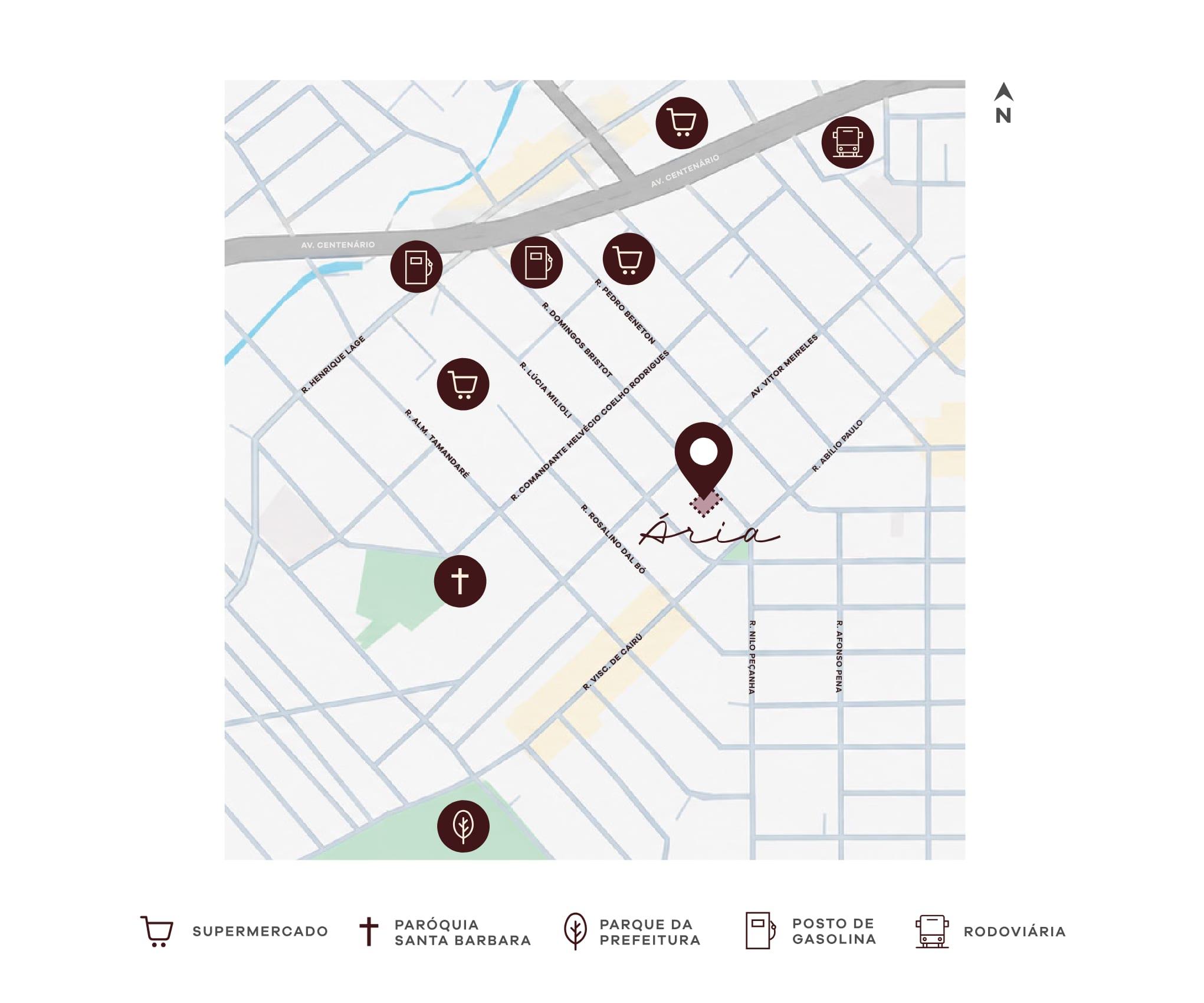 Mapa do catálogo oficial com a localização do Ária e os pontos de referência: supermercado, Paróquia Santa Bárbara, Parque da Prefeitura, posto de gasolina e rodoviária