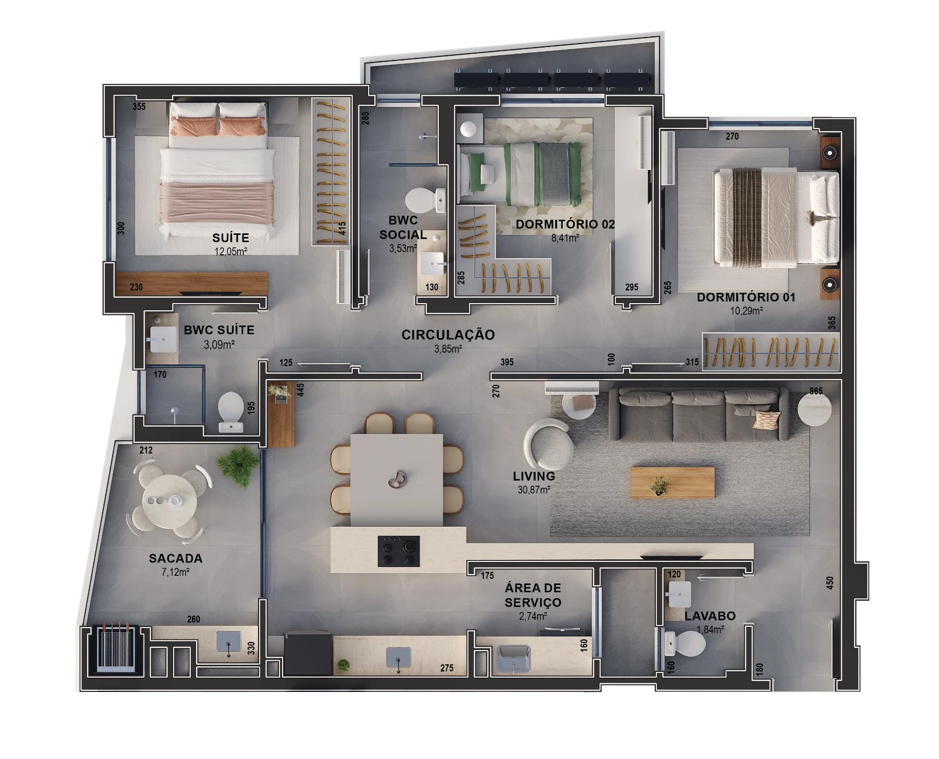 Planta do apartamento final 01 do Ária Residencial, com 102,71 m² de área privativa e 3 dormitórios, sendo 1 suíte