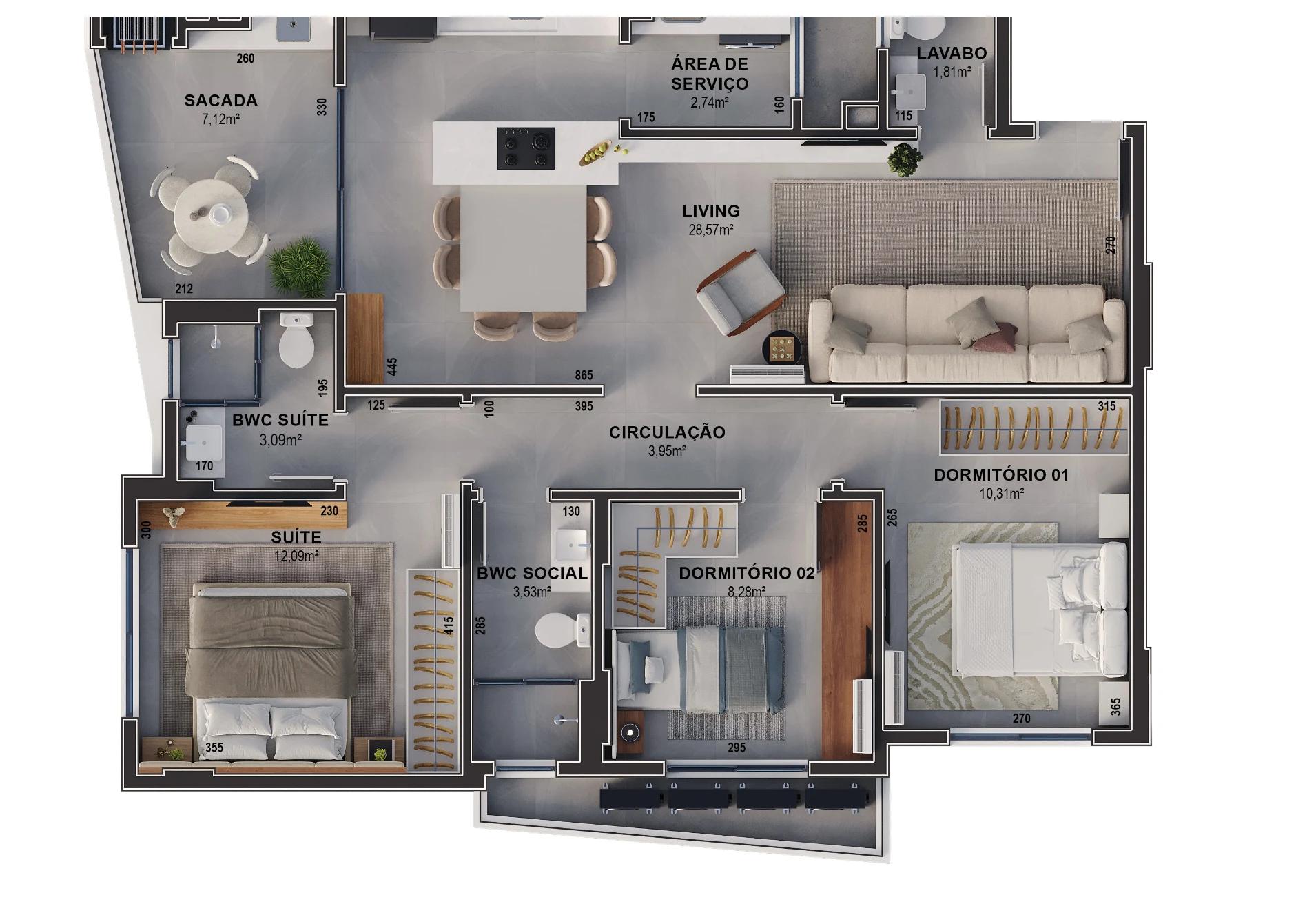Planta do apartamento final 02 do Ária Residencial, com 99,95 m² de área privativa e 3 dormitórios, sendo 1 suíte