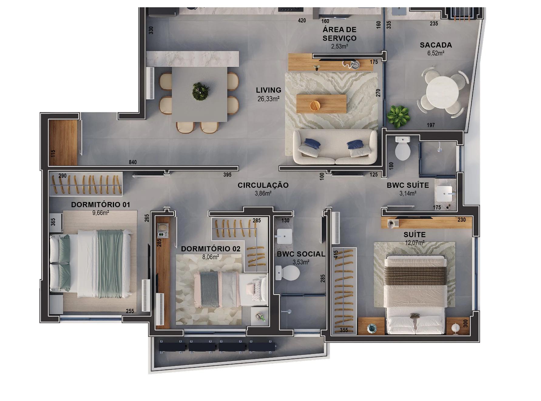 Planta do apartamento final 03 do Ária Residencial, com 92,56 m² de área privativa e 3 dormitórios, sendo 1 suíte