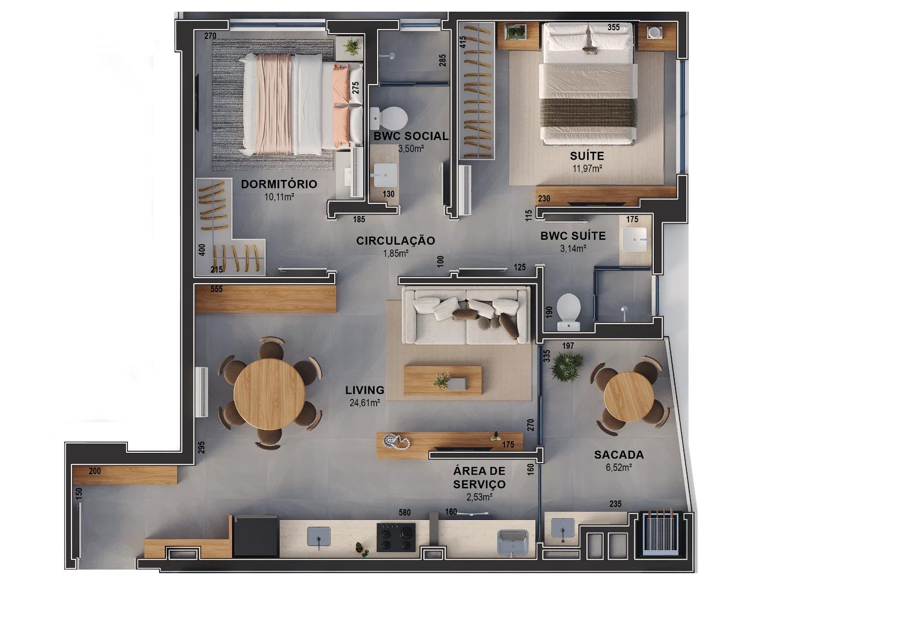 Planta do apartamento final 04 do Ária Residencial, com 79,85 m² de área privativa e 2 dormitórios, sendo 1 suíte