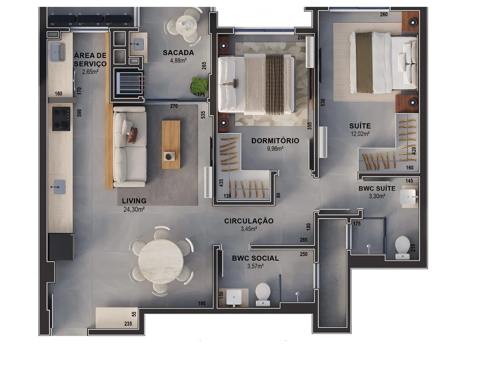 Planta do apartamento final 05 do Ária Residencial, com 77,99 m² de área privativa e 2 dormitórios, sendo 1 suíte