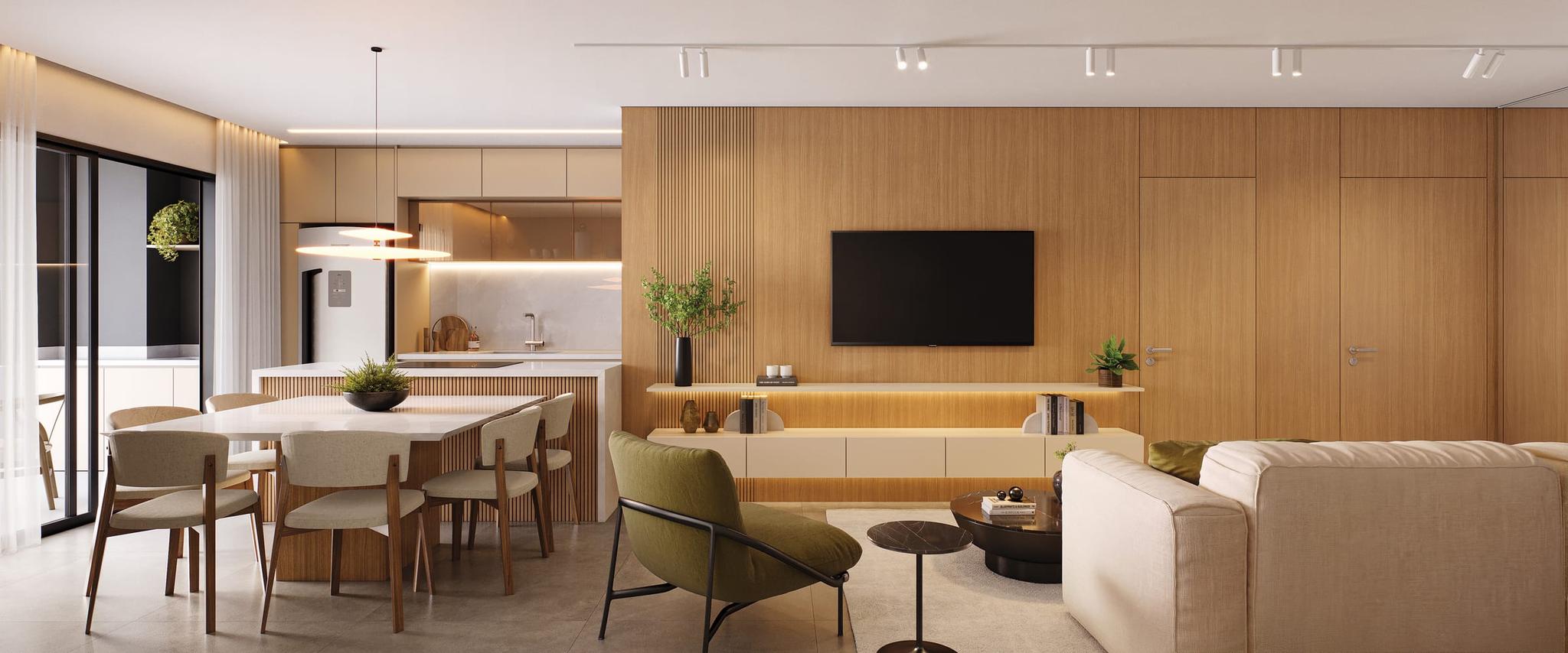 Imagem ilustrativa do living de um apartamento, com sala de estar e de jantar