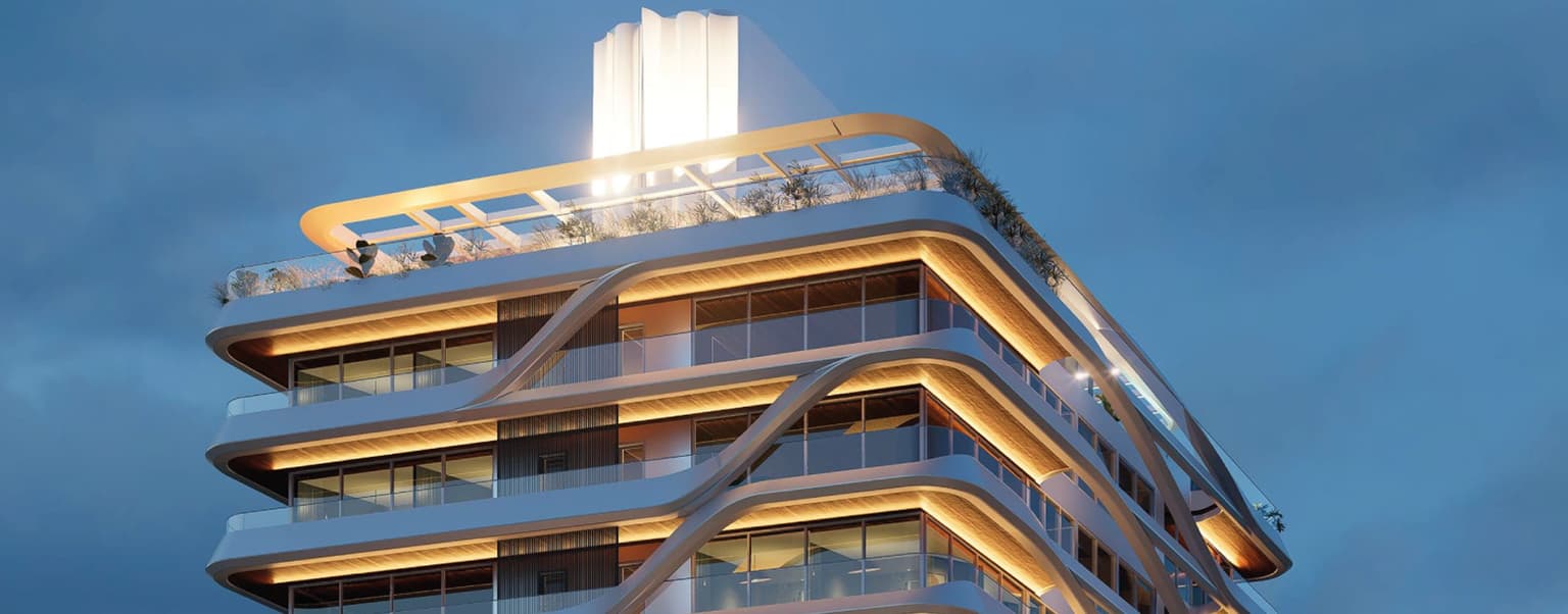 Render do topo da torre do Eura One ao entardecer, com o coroamento iluminado e as faixas curvas das sacadas