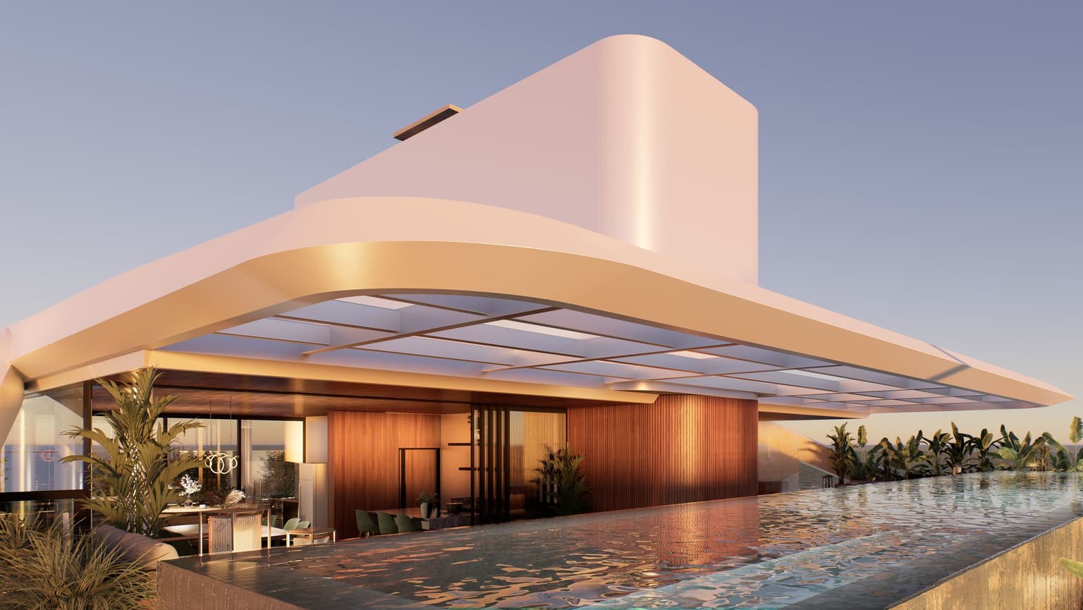 Render externo do pavilhão de lazer do ático, divulgado pela Eura na galeria da área gourmet, com piscina em primeiro plano