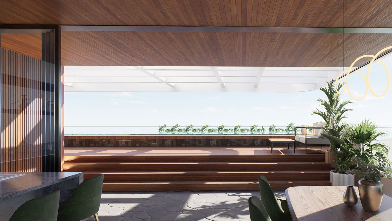 Render do deck de madeira do ático, sob cobertura com pergolado, com a borda da piscina ao fundo