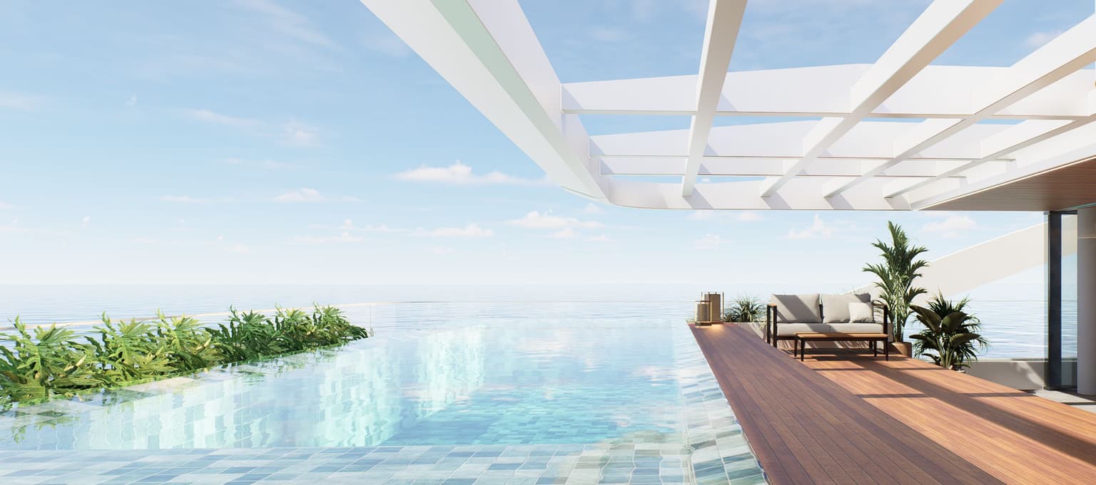 Render da piscina do ático, com a borda voltada para o horizonte do mar, deck de madeira e pergolado branco