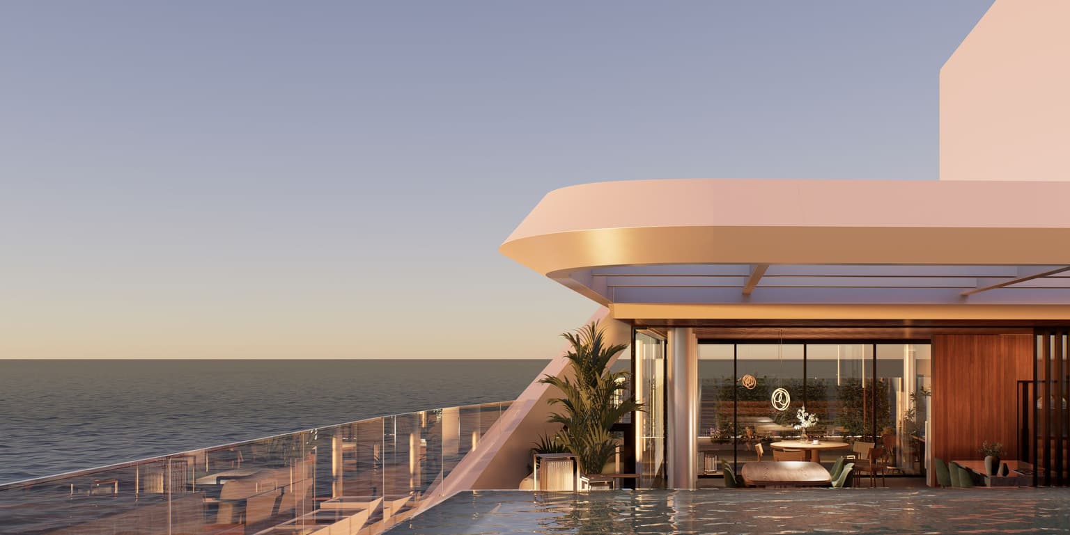 Render externo do pavilhão de lazer do ático, divulgado pela Eura na galeria do pub, com piscina e fechamento envidraçado