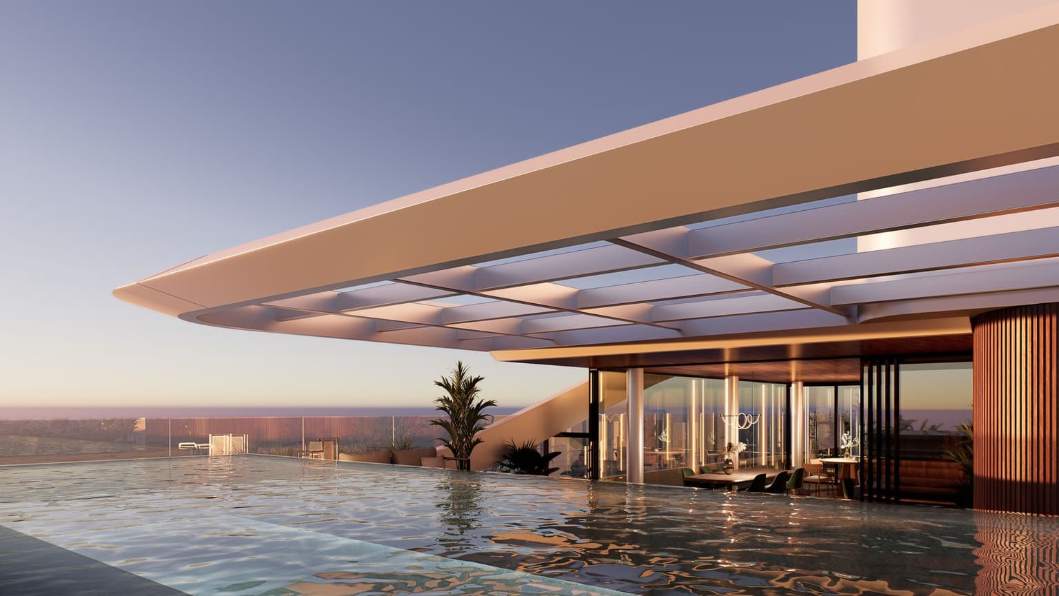 Render externo do pavilhão de lazer do ático, divulgado pela Eura na galeria da sala multiuso, com piscina em primeiro plano