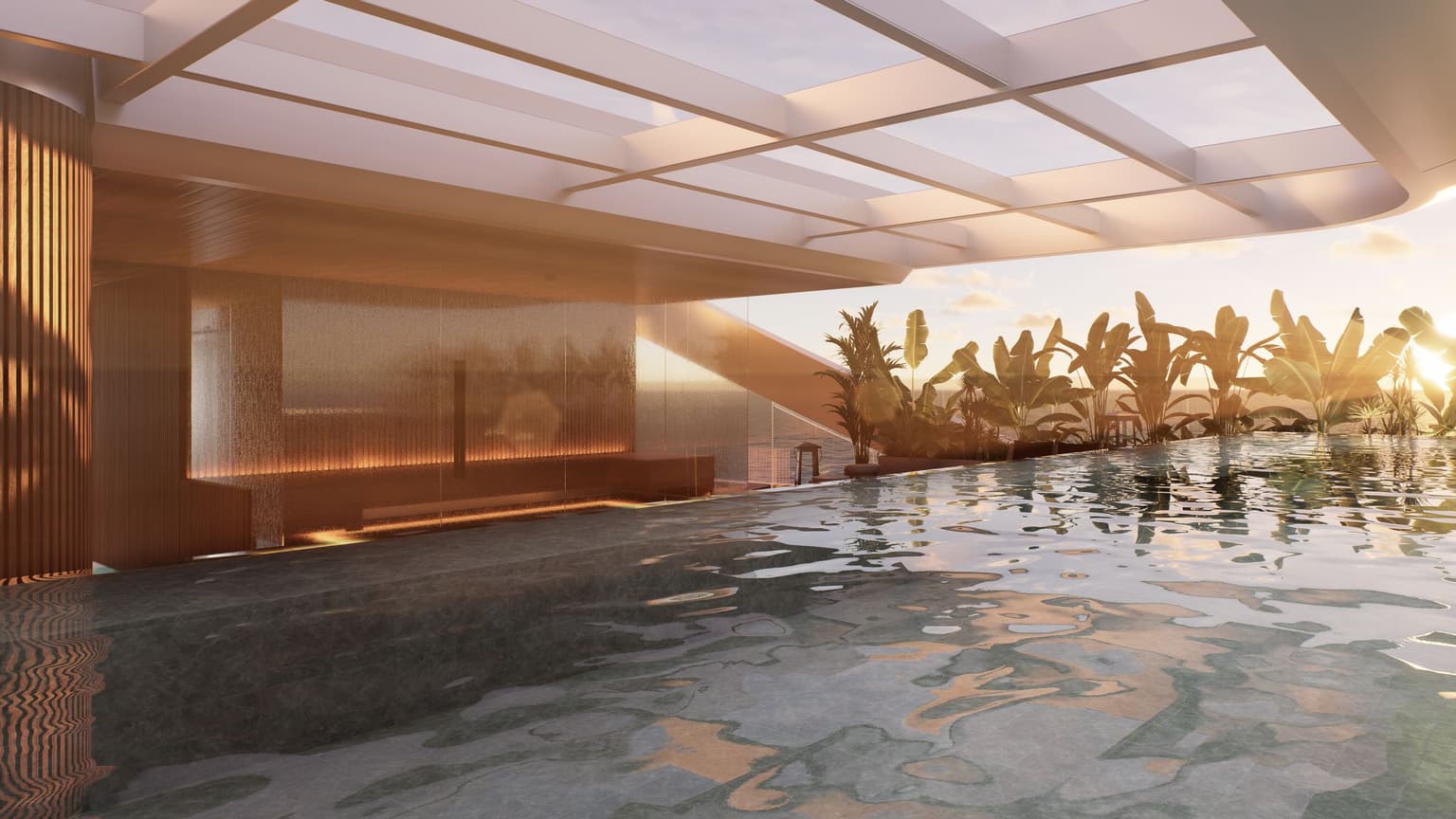 Render externo do pavilhão de lazer do ático, divulgado pela Eura na galeria da sauna, visto a partir da piscina e do pergolado