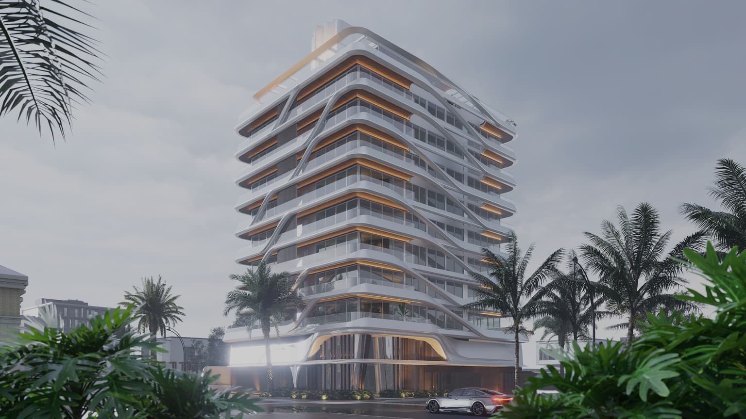 Render da torre do Eura One durante o dia, vista entre palmeiras e vegetação