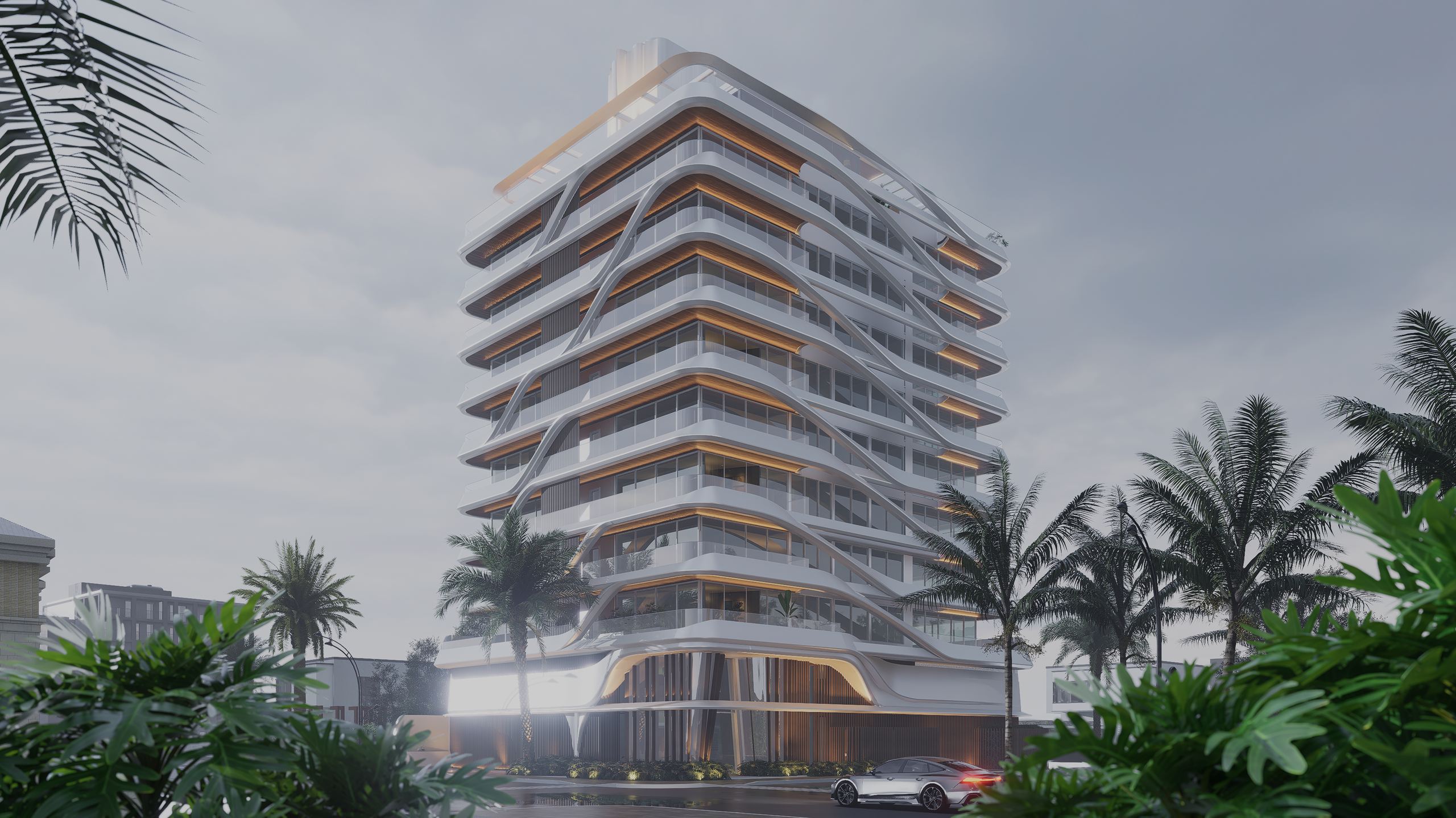 Render da torre do Eura One durante o dia, vista entre palmeiras e vegetação