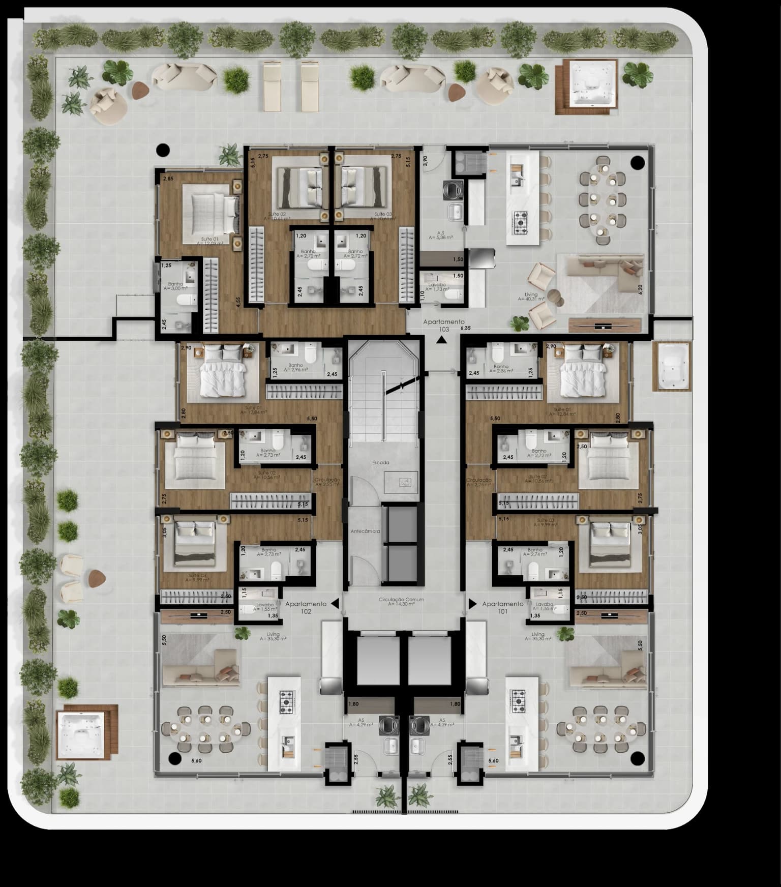 Planta humanizada do andar garden, com os apartamentos 101, 102 e 103 e o terraço em volta