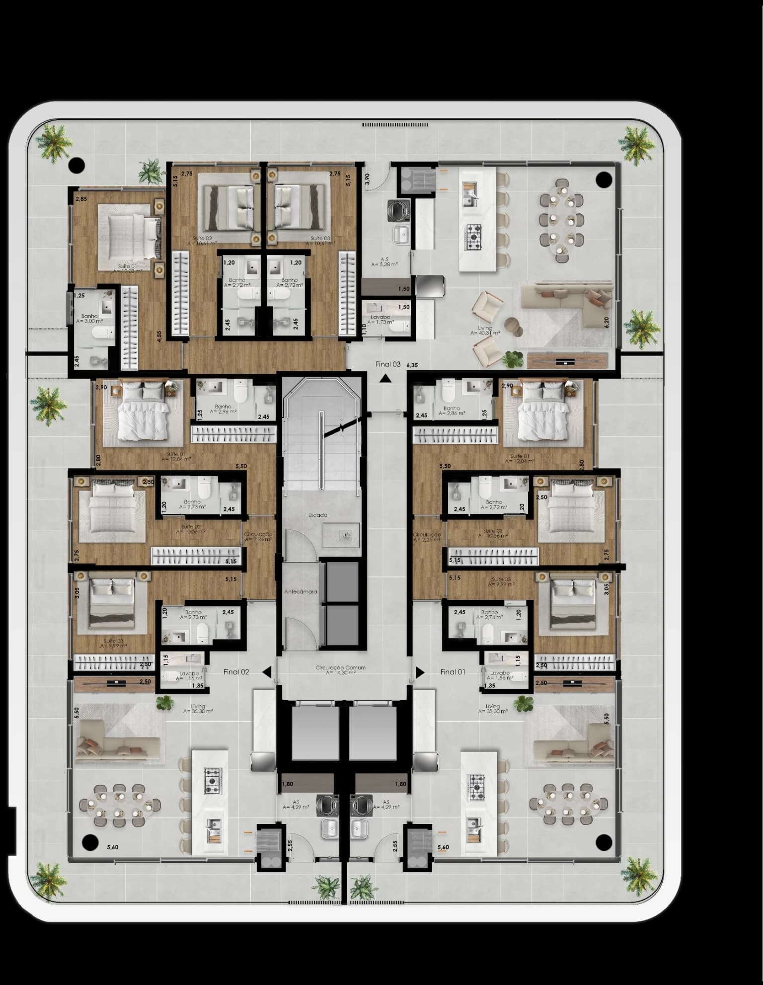 Planta humanizada do andar tipo, com os apartamentos de finais 01, 02 e 03 em volta do núcleo de escada e elevadores