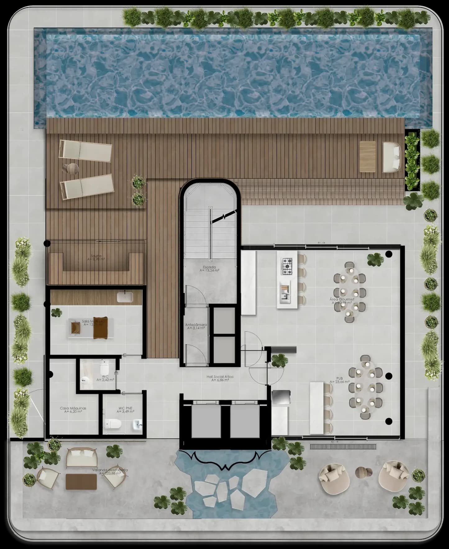 Planta humanizada do ático, com piscina, deck, sauna, sala multiuso, área gourmet, pub e varanda descoberta