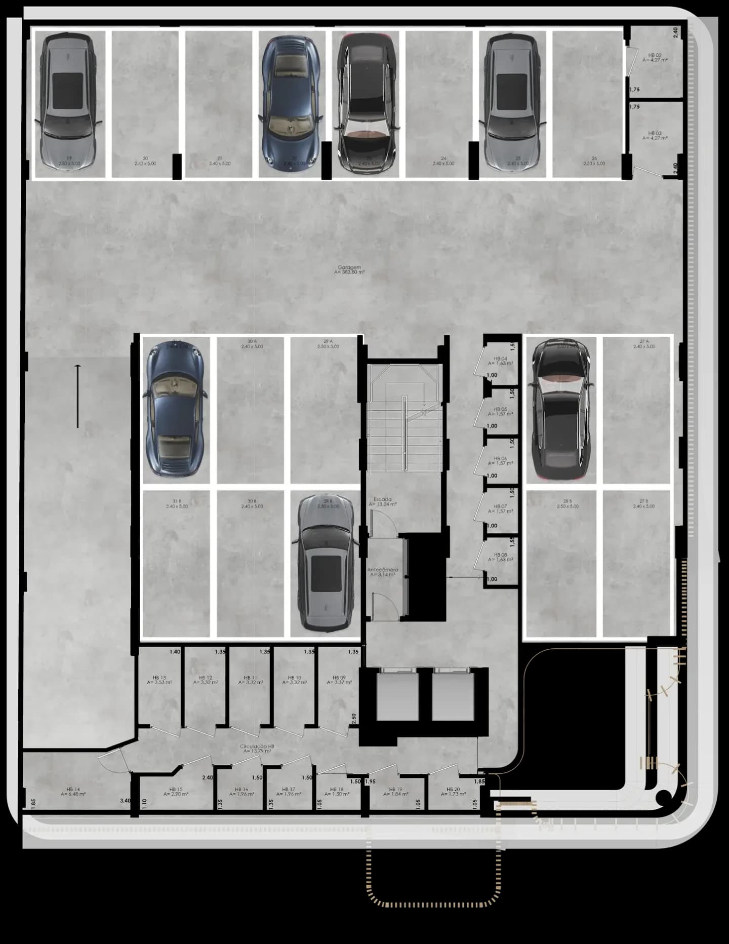 Planta humanizada do pavimento de garagem, com vagas e hobby boxes
