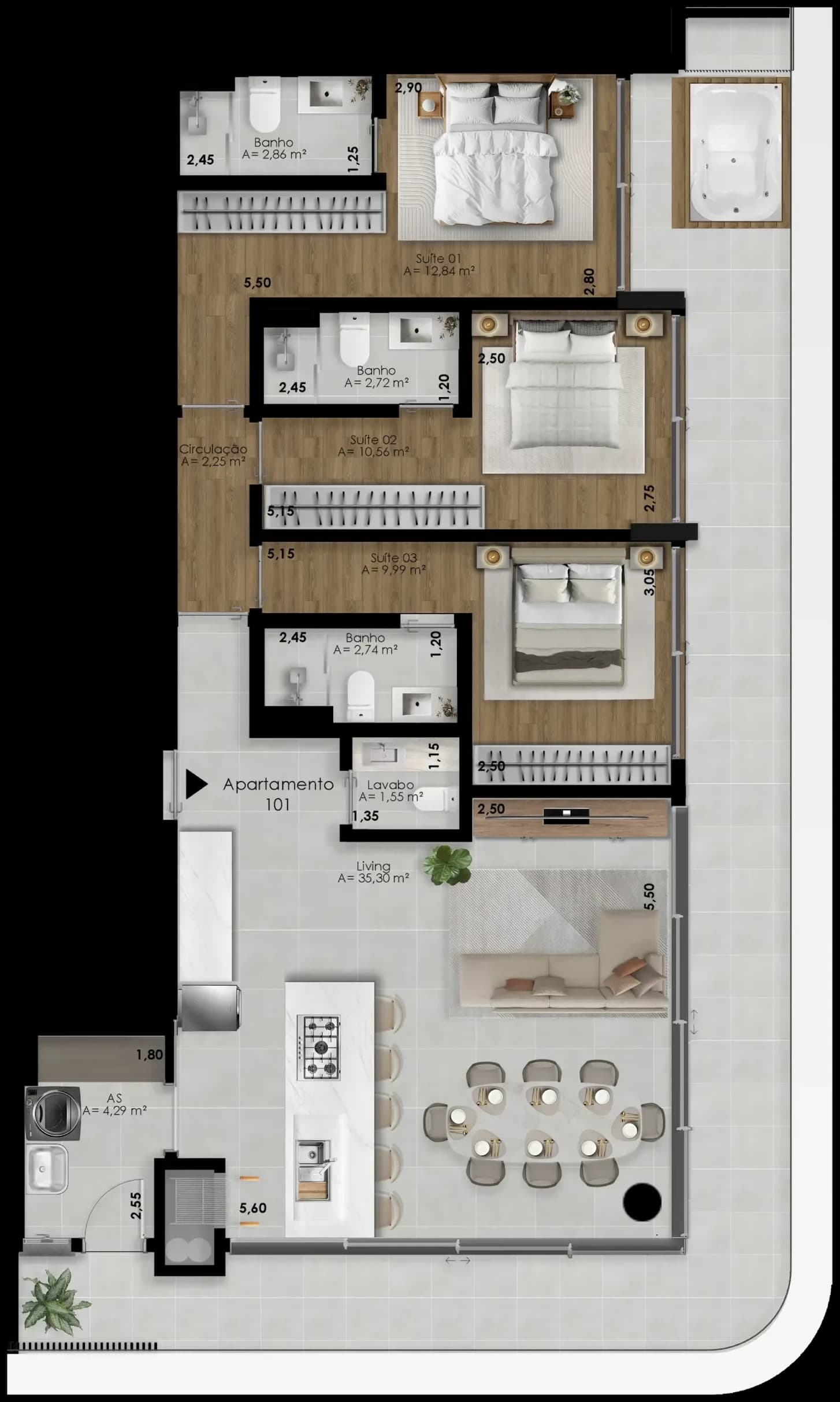 Planta humanizada do apartamento garden 101, com três suítes, living, cozinha e terraço