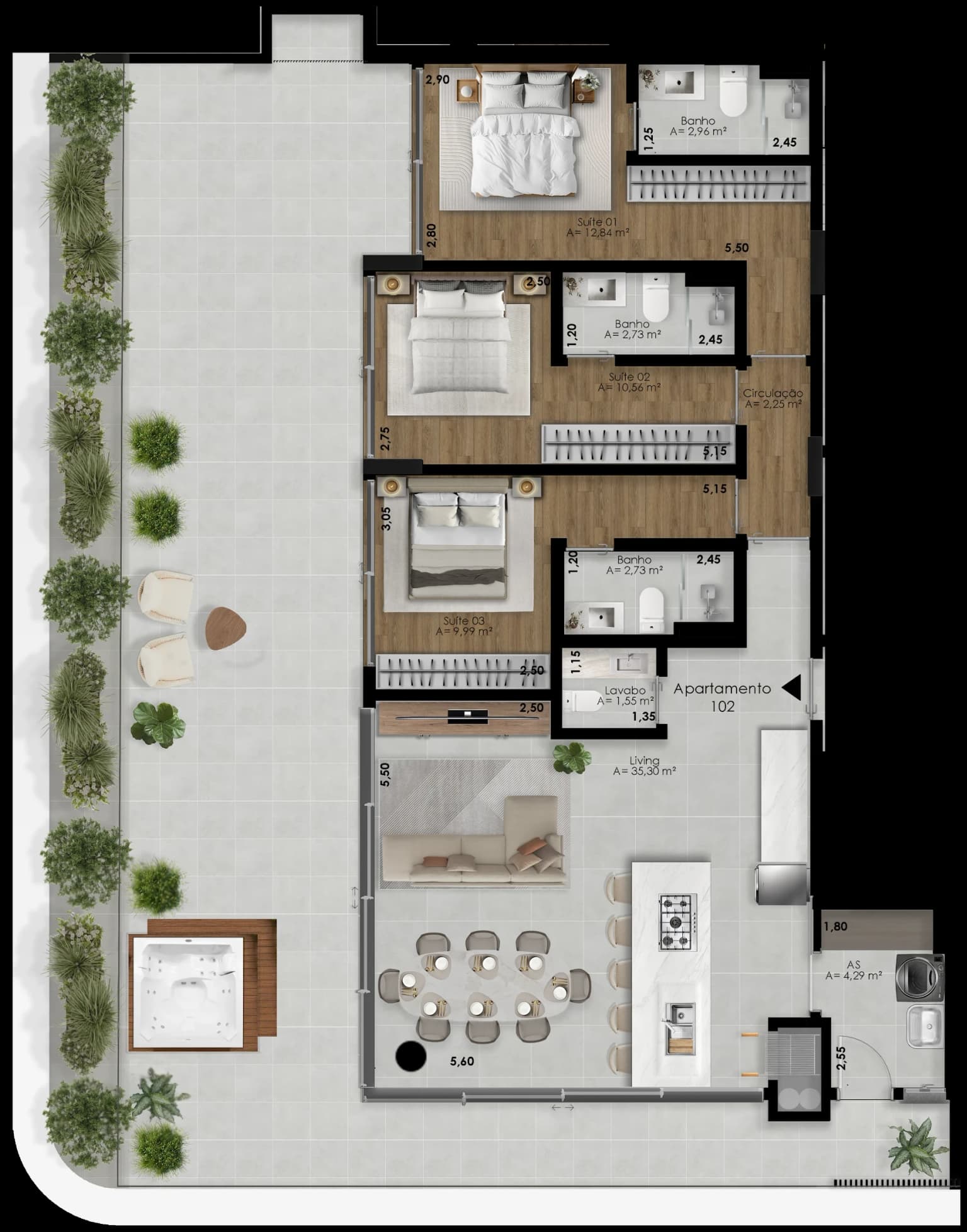 Planta humanizada do apartamento garden 102, com três suítes, living, cozinha e terraço