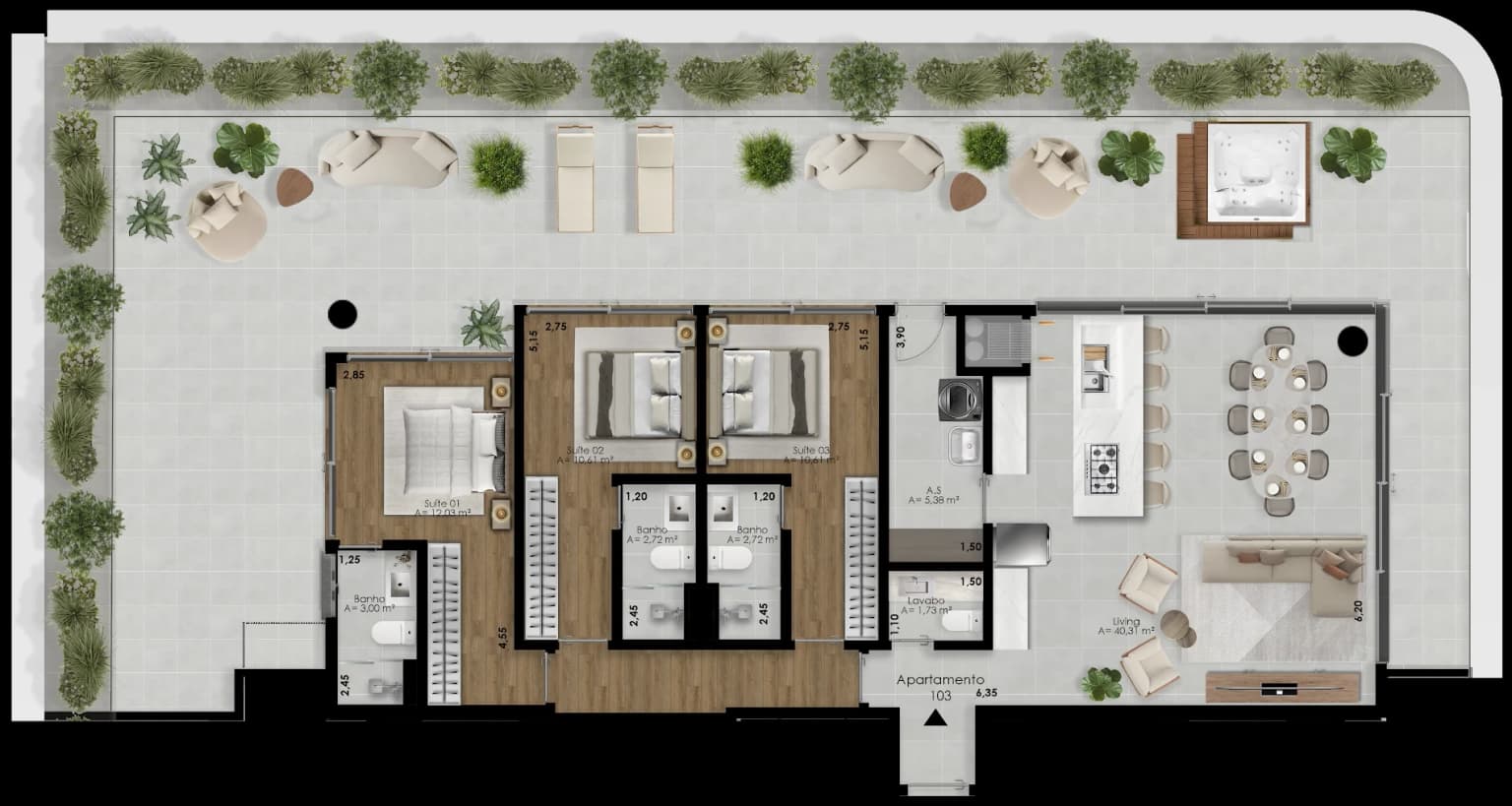Planta humanizada do apartamento garden 103, com três suítes, living, cozinha e terraço