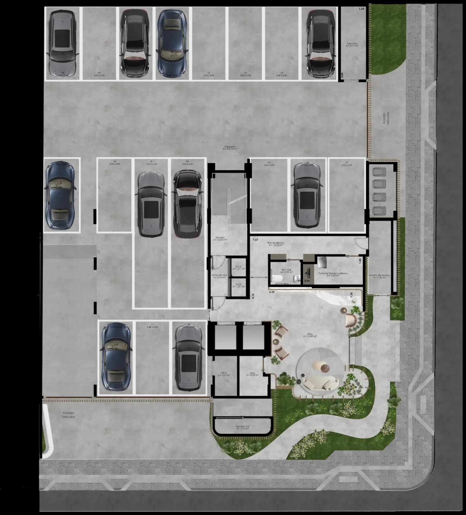Planta humanizada do térreo, com hall de entrada, portaria, vagas de garagem e acesso de veículos