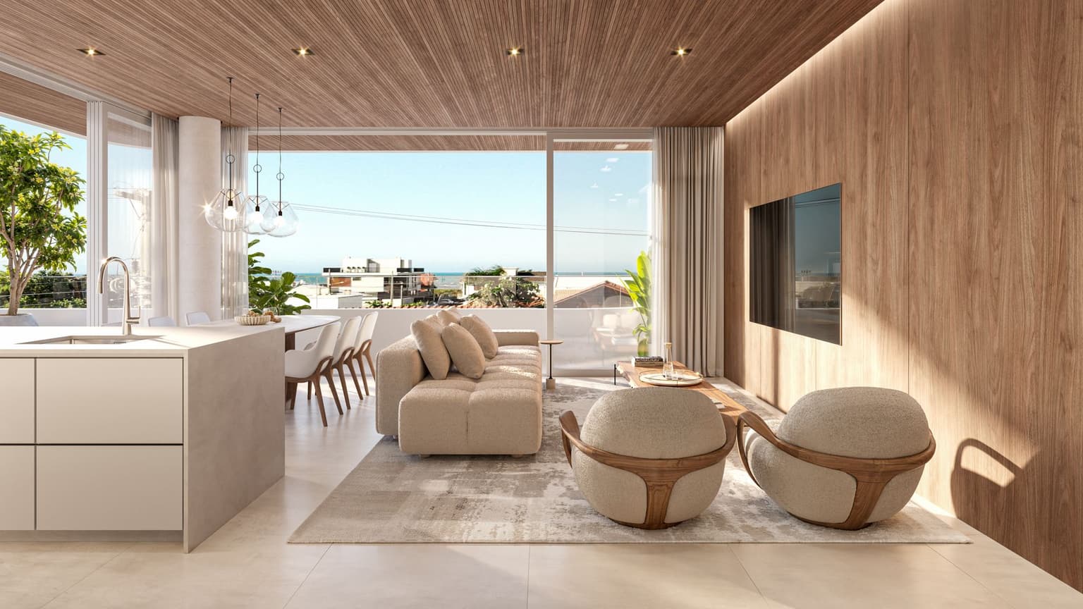 Render do living de um apartamento garden, com cozinha integrada, sofá, poltronas e painel de madeira