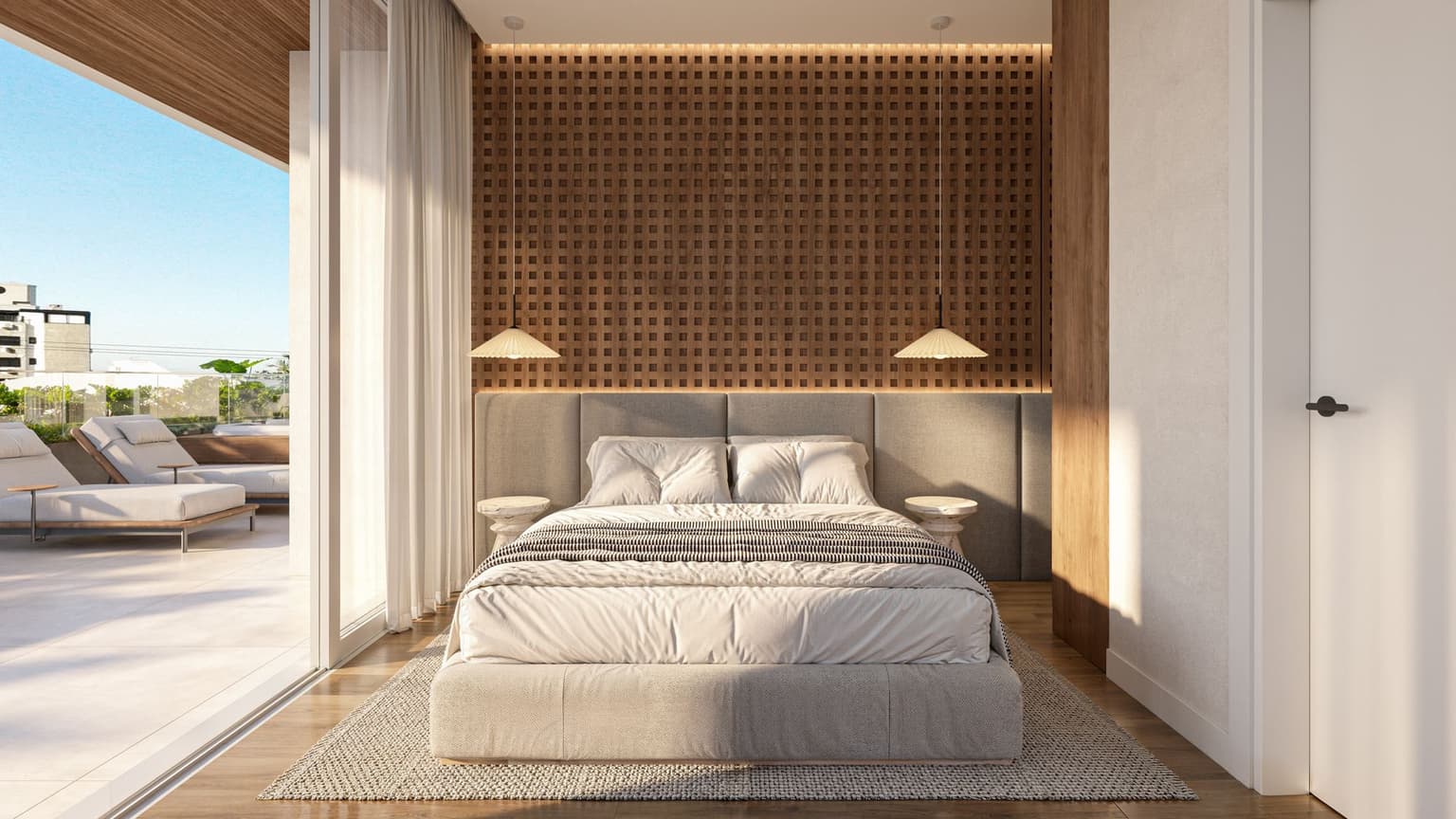 Render de uma suíte de apartamento garden, com cama de casal, painel ripado e abertura para o terraço