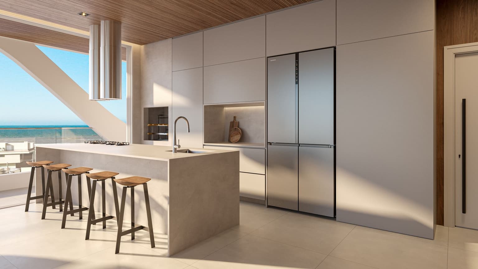 Render da cozinha de um apartamento tipo, com ilha, banquetas e armários até o teto