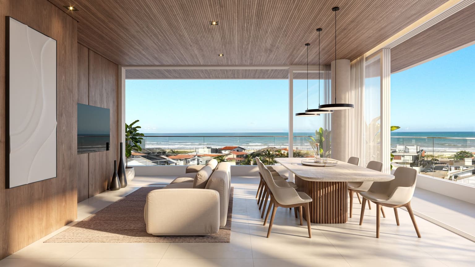 Render do living integrado de um apartamento tipo, com sala de estar, mesa de jantar e sacada envidraçada; ao fundo, o mar
