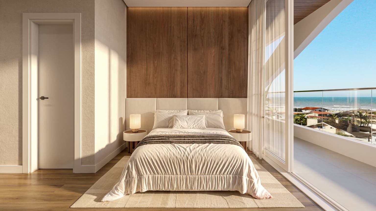 Render de uma suíte de apartamento tipo, com cama de casal, painel de madeira e porta de vidro para a sacada